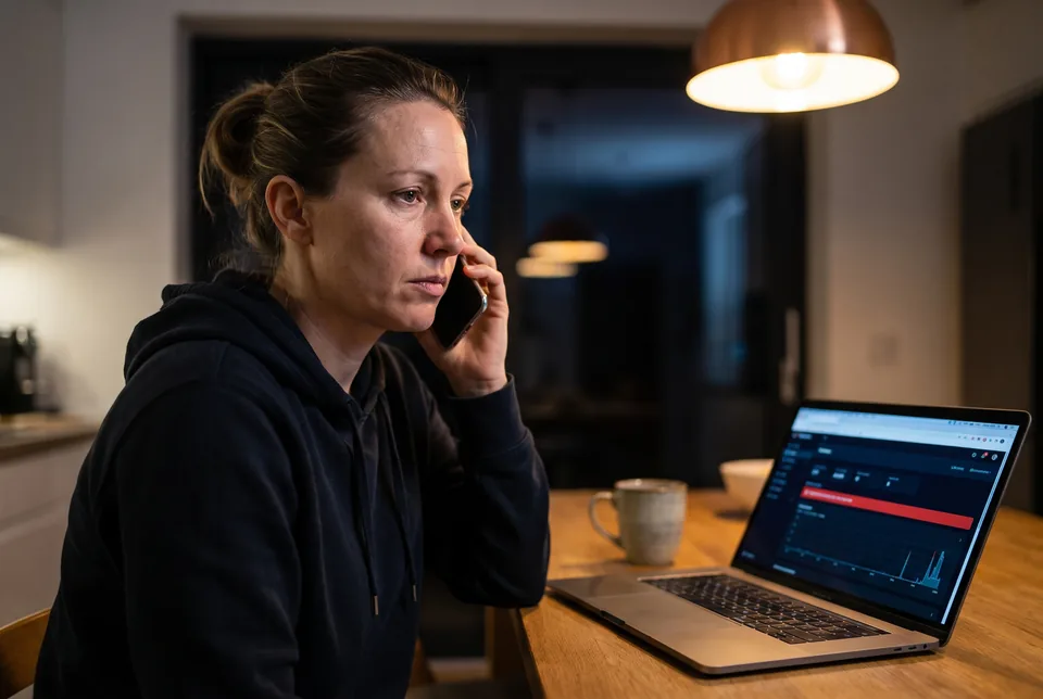 A developer at a kitchen table at night answering a phone call about a client site outage, laptop open beside her