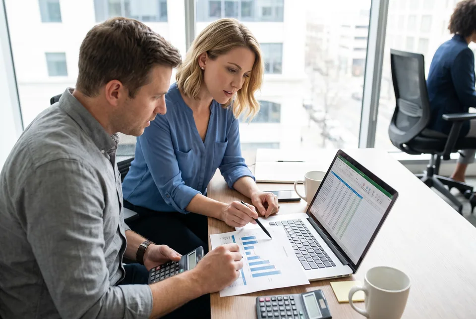 Two people at an office desk comparing a monitoring invoice on a laptop with a printed usage report
