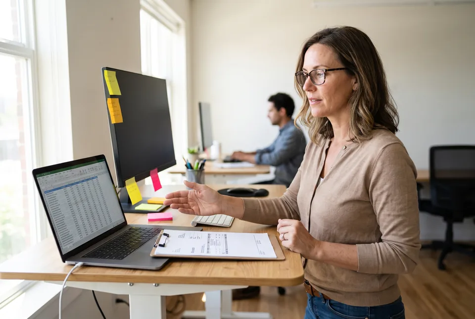 A team lead at a standing desk counting monitors and user seats on a laptop spreadsheet next to a printed invoice