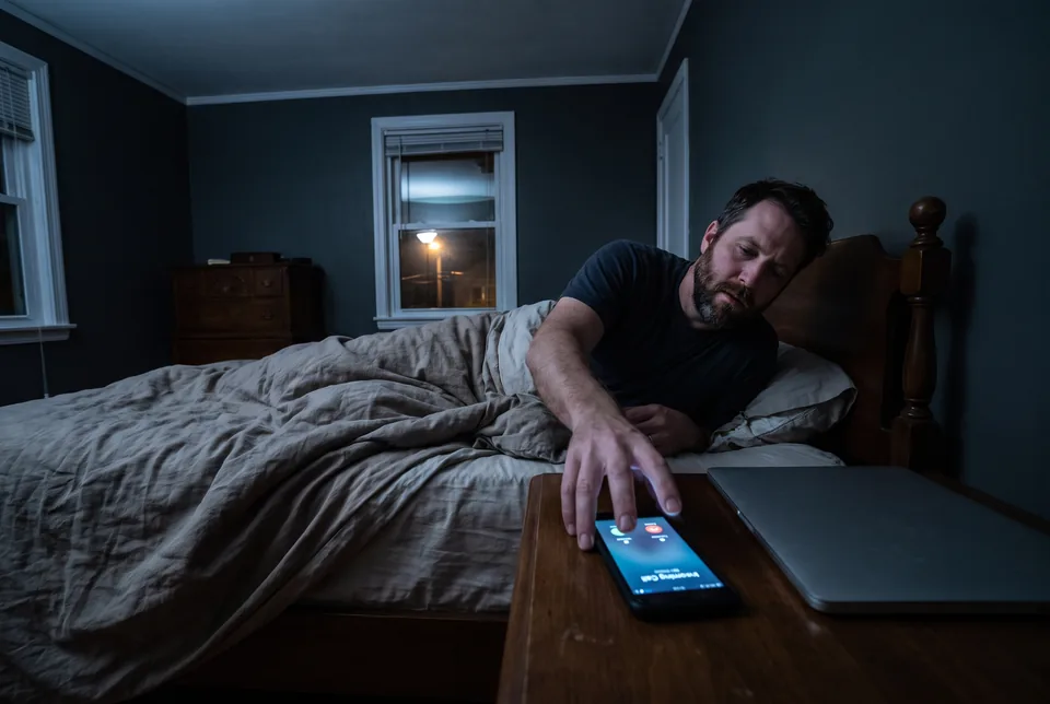 A phone lighting up with an incoming call on a nightstand in a dark bedroom while its owner reaches for it