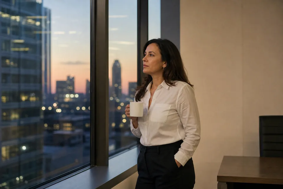 An engineering manager by an office window at dusk weighing the monthly cost of a monitoring tool