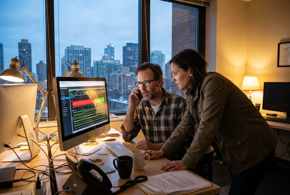 Two operations engineers in an office at dusk, one taking a phone call while the other checks a server status screen