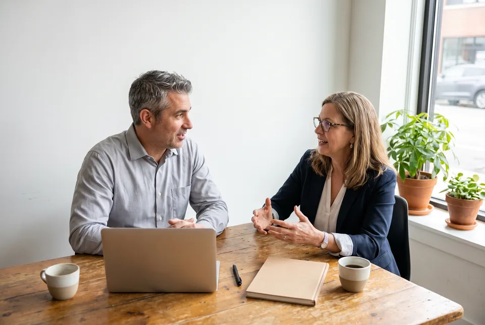 Two agency partners at a meeting table talking through a software subscription decision with a laptop seen from behind