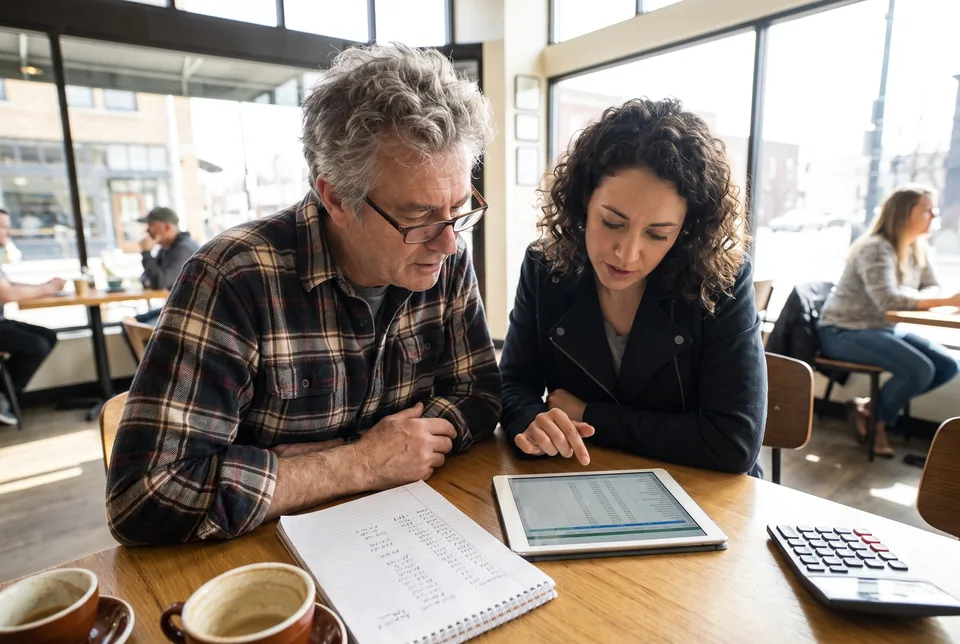 An agency owner and a consultant at a cafe table comparing site monitoring plan costs on a tablet