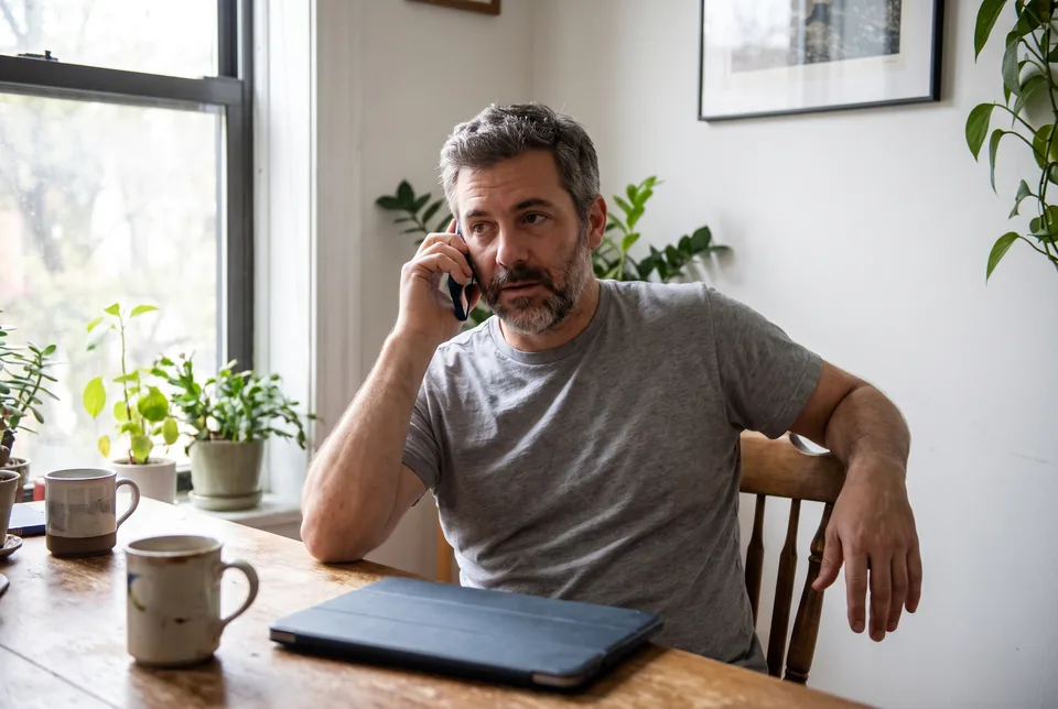 An on-call engineer at a kitchen table early in the morning holding a phone to his ear with a closed laptop beside him